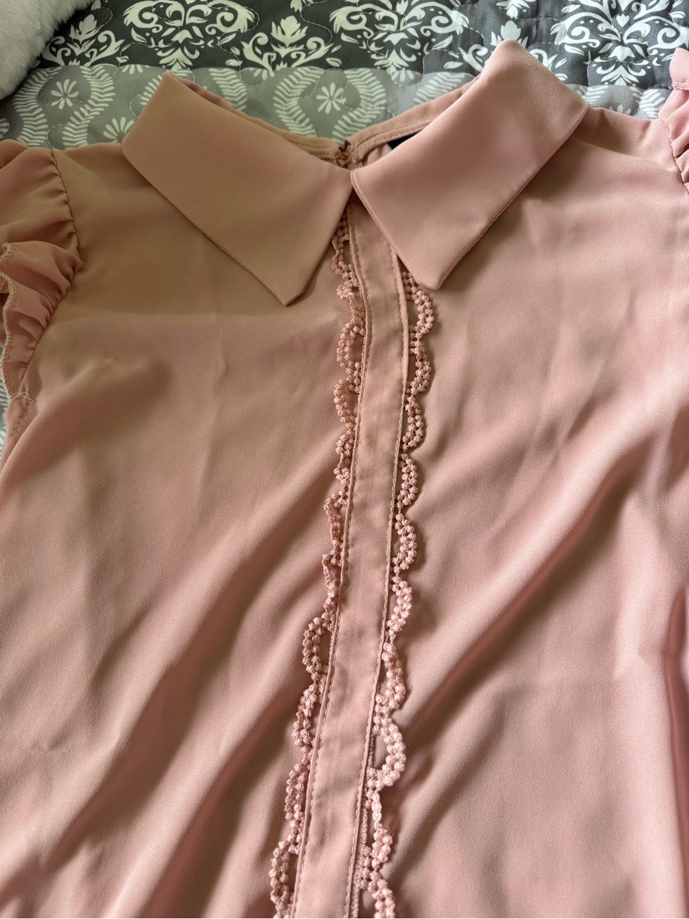 SHEIN Blush Pink Ruffle Trim Collared Blouse